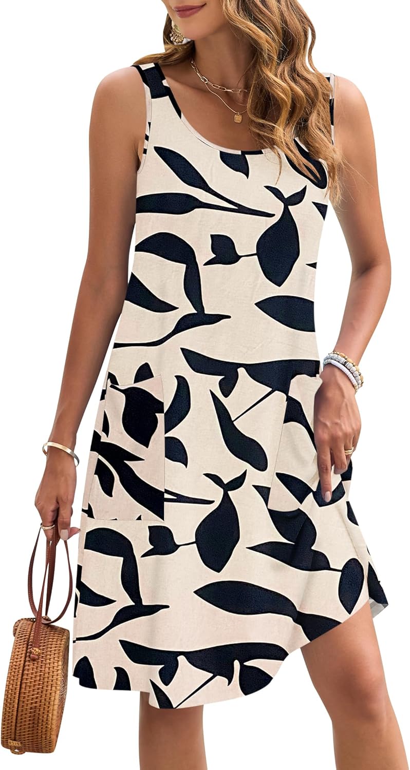 Auselily Zomerjurk, voor dames, mouwloos, knielang, zomer, casual, strandjurk, lichtgewicht, zwierig, tankjurk met zakken