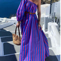 Fashion Personalized Oblique Shoulder Boho Striped Women's Mid-length Dress