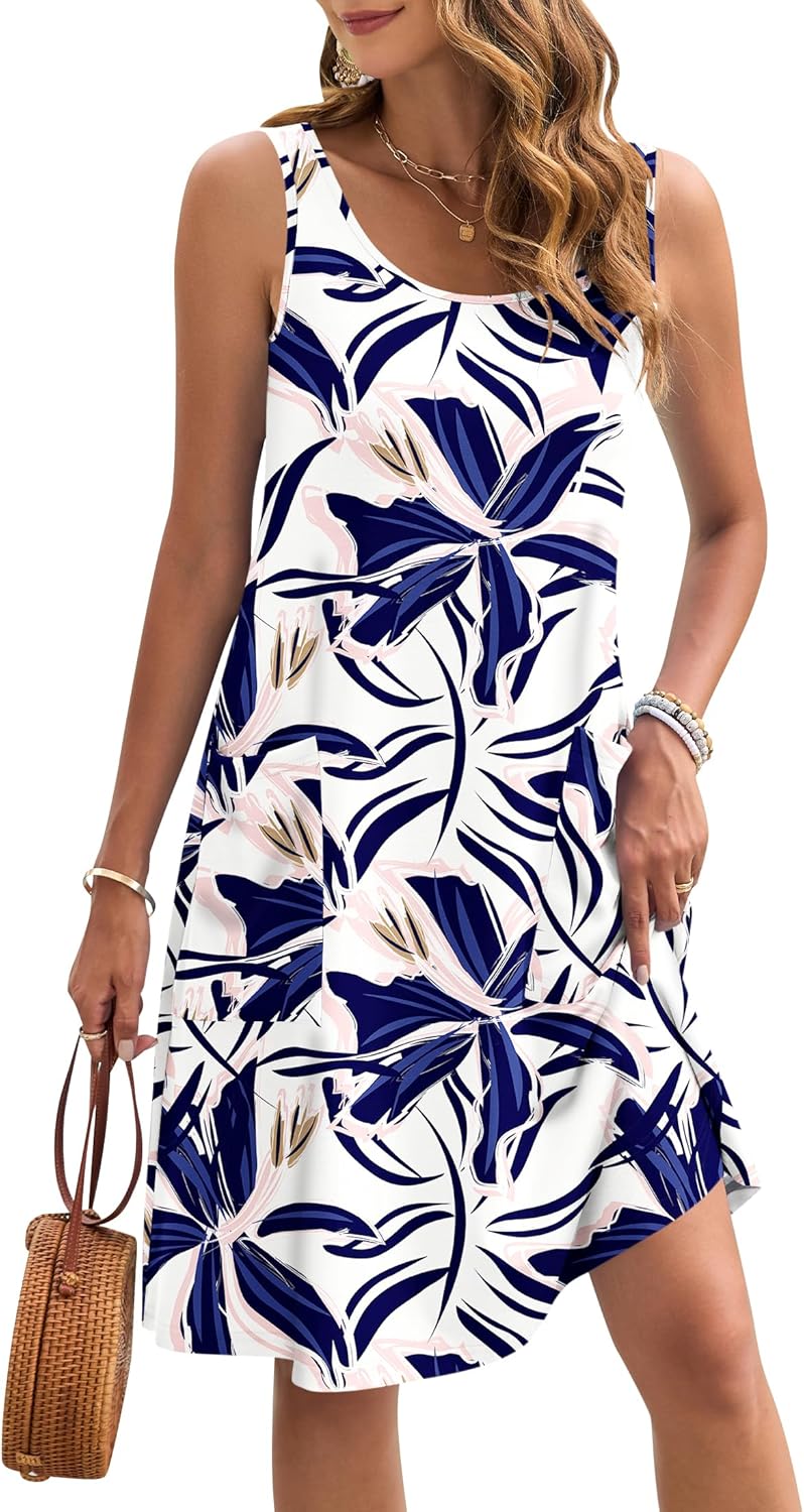 Auselily Zomerjurk, voor dames, mouwloos, knielang, zomer, casual, strandjurk, lichtgewicht, zwierig, tankjurk met zakken