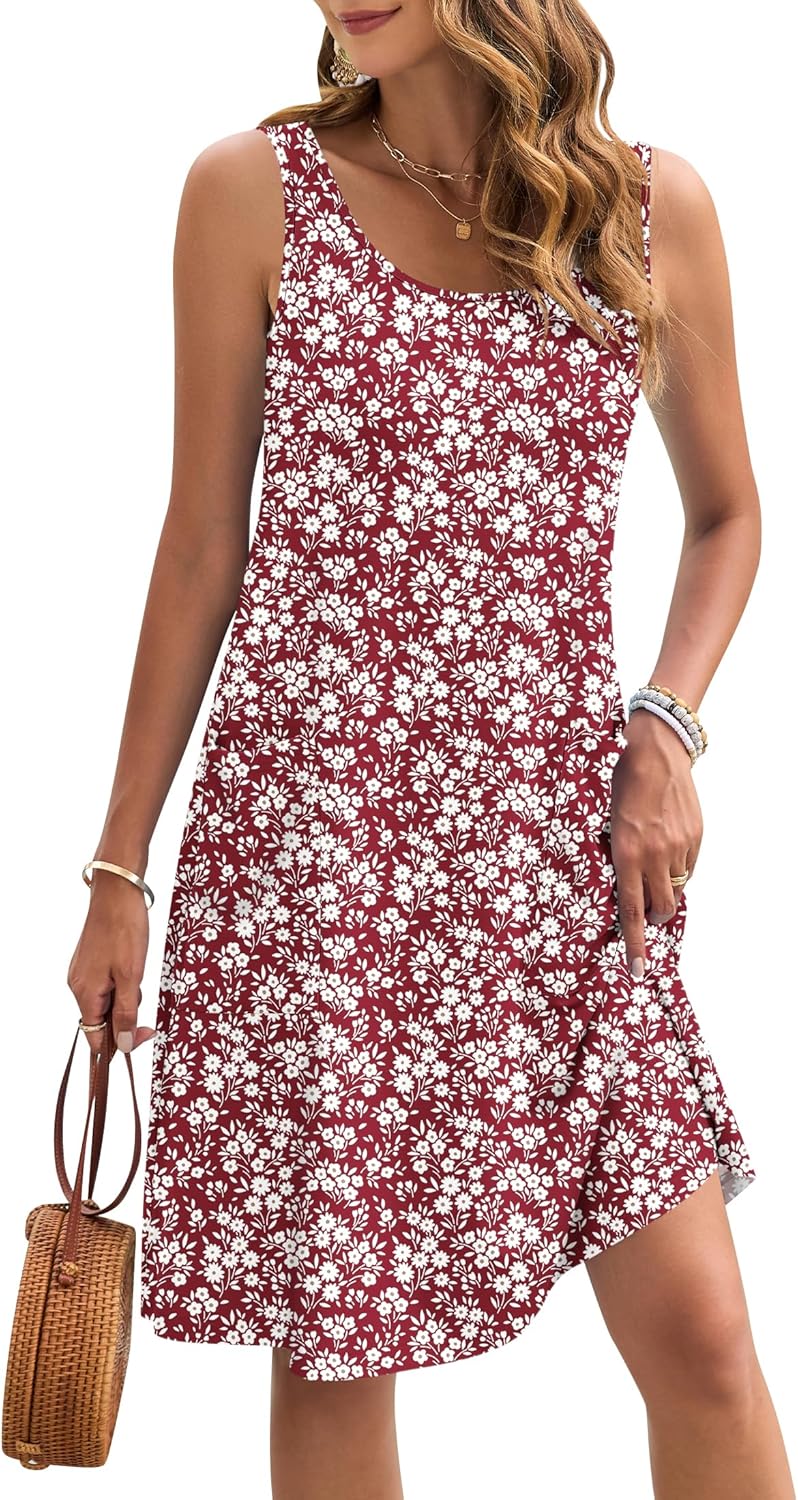 Auselily Zomerjurk, voor dames, mouwloos, knielang, zomer, casual, strandjurk, lichtgewicht, zwierig, tankjurk met zakken